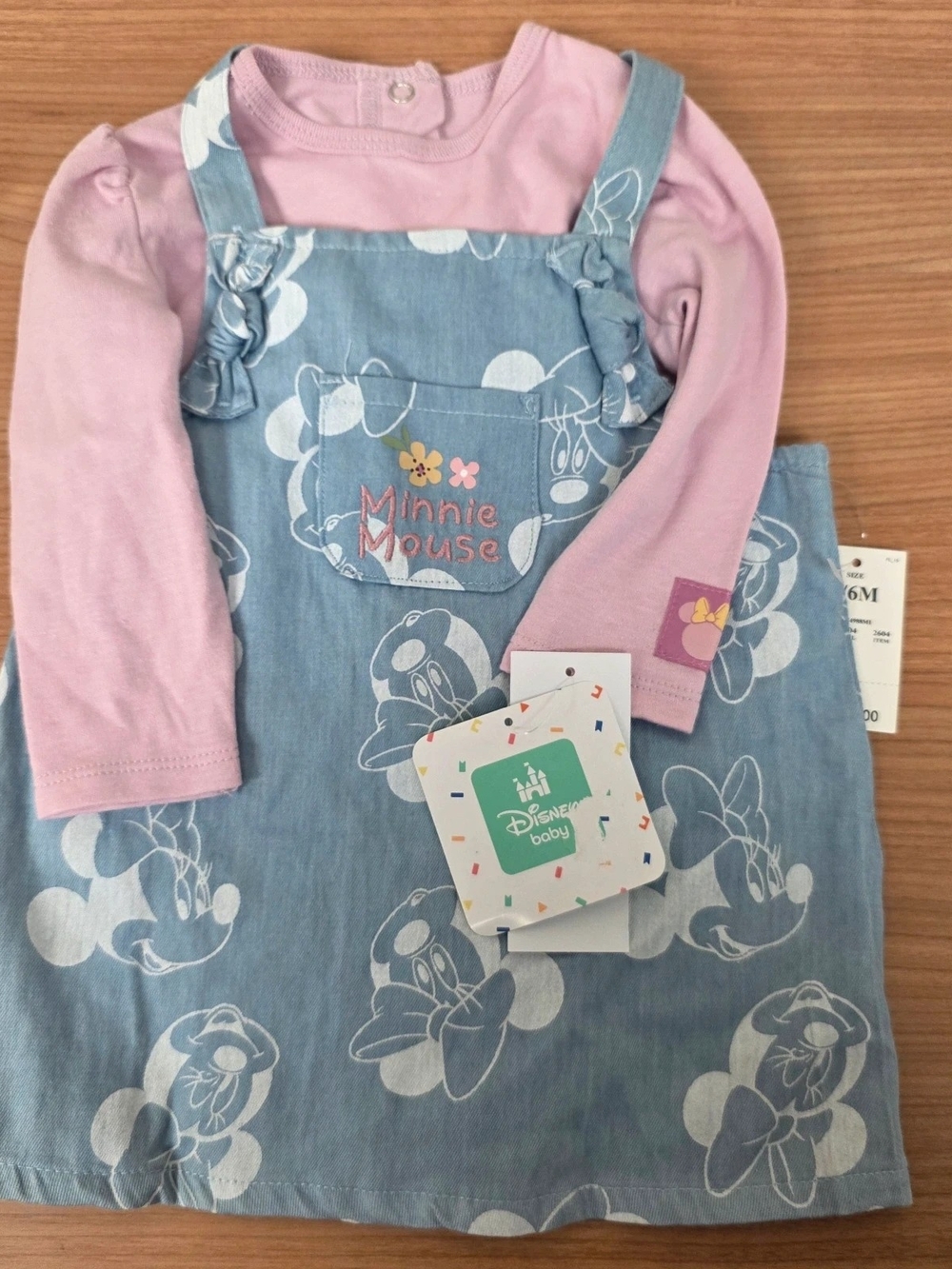 3-6 M NEW Disney Minnie Mouse Pink Long-Sleeve Top with Blue Denim Overall Dress